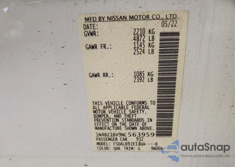 2022 Nissan Leaf S Plus 62 Kwh из США, поврежденный, VIN 1N4BZ1BV9NC563959